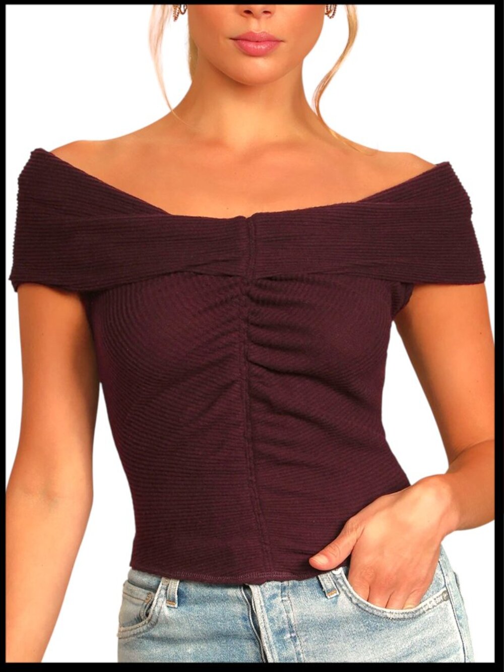 Free People This Cutie Plum Purple Ruched Off Shoulder Top S